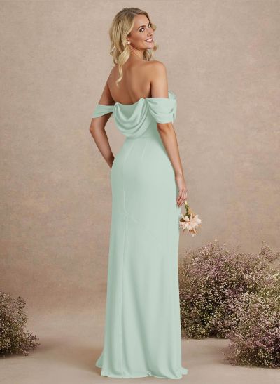 Simple Ruched Off-The-Shoulder High Split Chiffon Bridesmaid Dresses