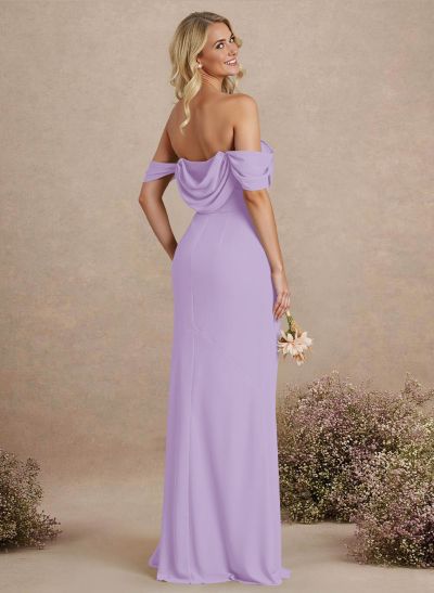 Simple Ruched Off-The-Shoulder High Split Chiffon Bridesmaid Dresses