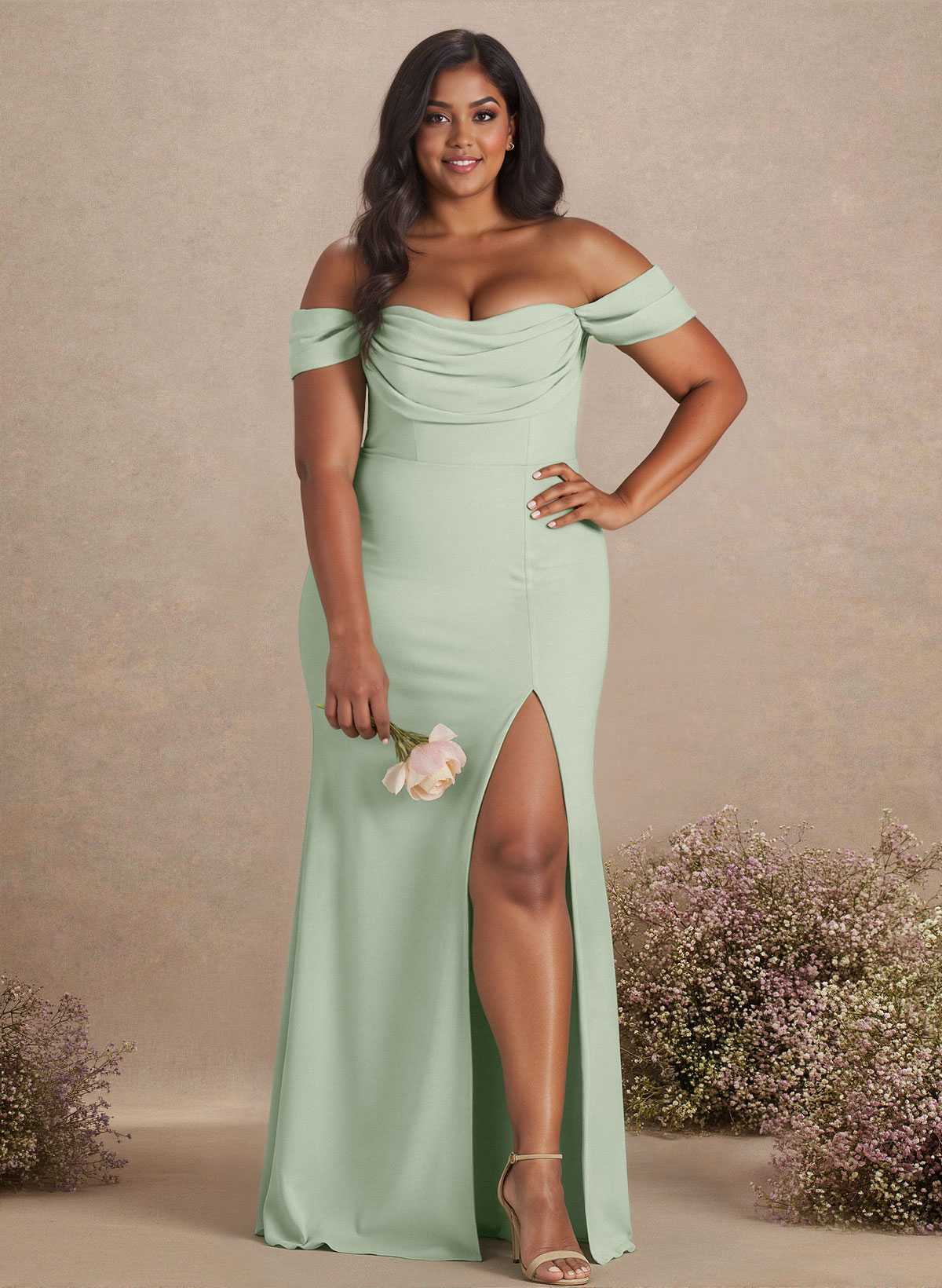 Simple Ruched Off-The-Shoulder High Split Chiffon Bridesmaid Dresses