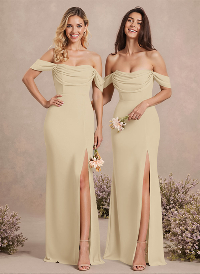 Simple Ruched Off-The-Shoulder High Split Chiffon Bridesmaid Dresses