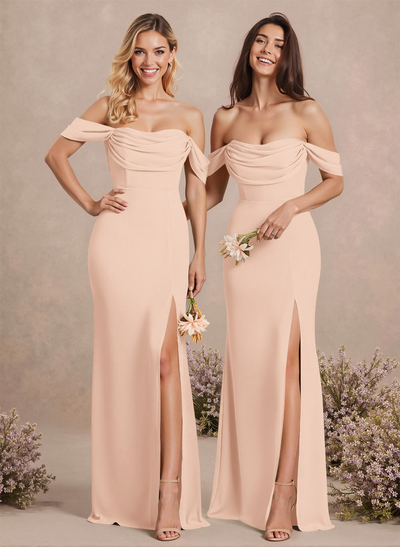 Simple Ruched Off-The-Shoulder High Split Chiffon Bridesmaid Dresses
