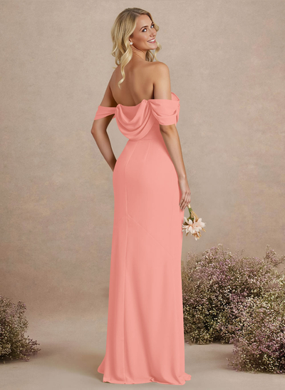 Simple Ruched Off-The-Shoulder High Split Chiffon Bridesmaid Dresses