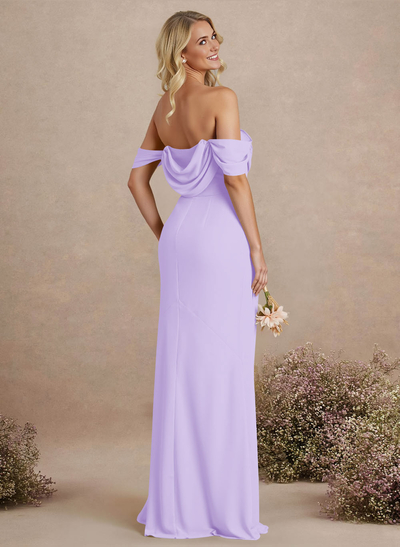 Simple Ruched Off-The-Shoulder High Split Chiffon Bridesmaid Dresses