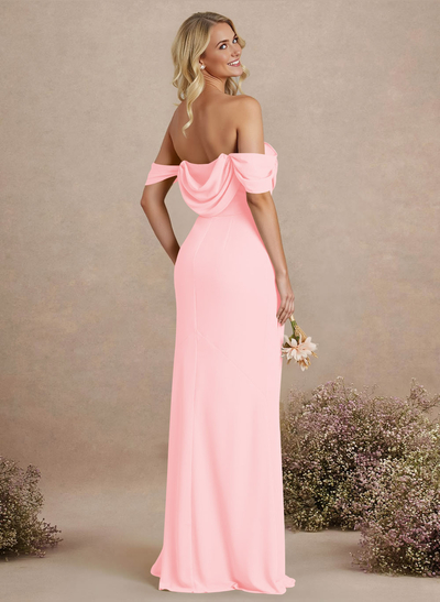 Simple Ruched Off-The-Shoulder High Split Chiffon Bridesmaid Dresses