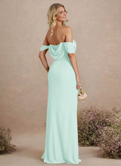 Simple Ruched Off-The-Shoulder High Split Chiffon Bridesmaid Dresses