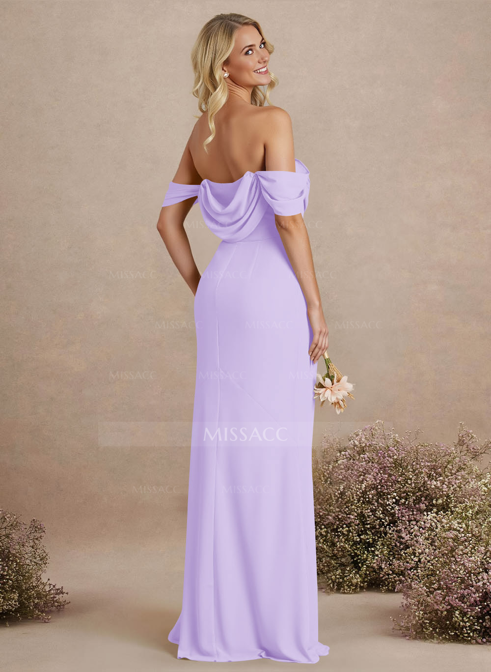 Simple Ruched Off-The-Shoulder High Split Chiffon Bridesmaid Dresses