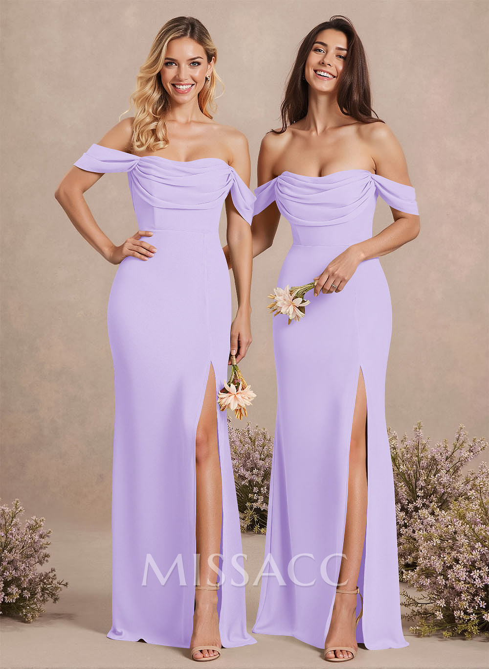 Simple Ruched Off-The-Shoulder High Split Chiffon Bridesmaid Dresses