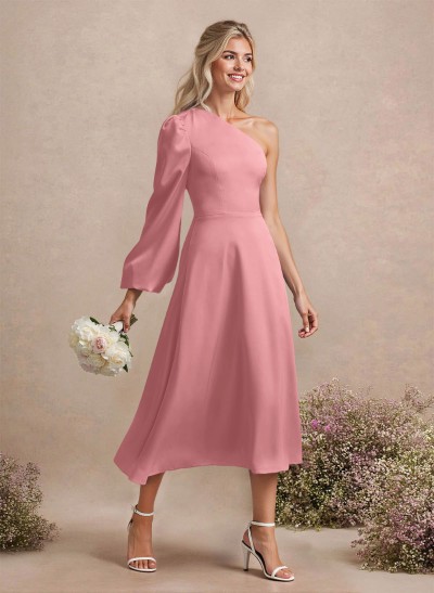 Unique One-Shoulder Long Sleeves A-Line Tea-Length Acetate Satin