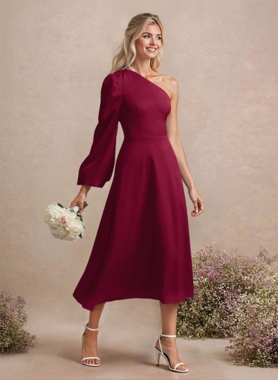 Unique One-Shoulder Long Sleeves A-Line Tea-Length Acetate Satin