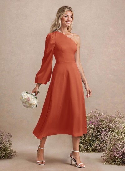 Unique One-Shoulder Long Sleeves A-Line Tea-Length Acetate Satin