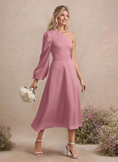 Unique One-Shoulder Long Sleeves A-Line Tea-Length Acetate Satin