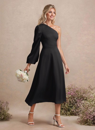 Unique One-Shoulder Long Sleeves A-Line Tea-Length Acetate Satin