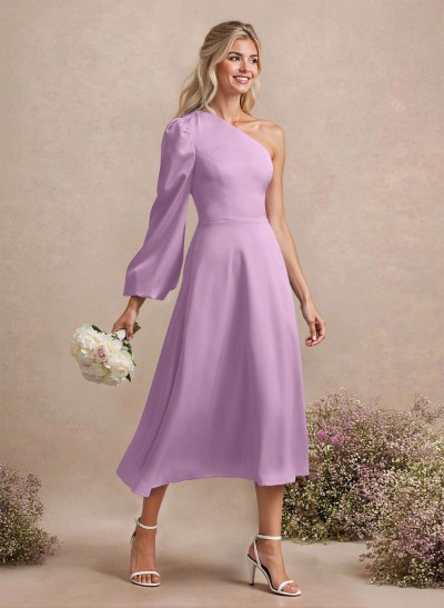 Unique One-Shoulder Long Sleeves A-Line Tea-Length Acetate Satin