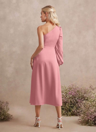 Unique One-Shoulder Long Sleeves A-Line Tea-Length Acetate Satin