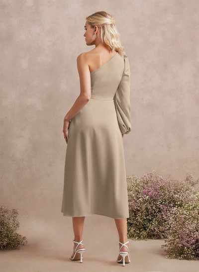 Unique One-Shoulder Long Sleeves A-Line Tea-Length Acetate Satin