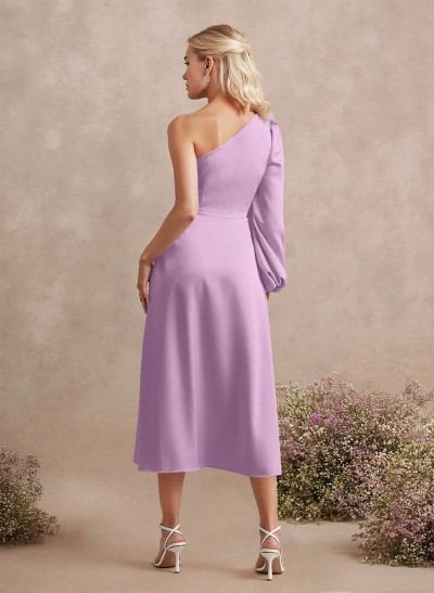 Unique One-Shoulder Long Sleeves A-Line Tea-Length Acetate Satin