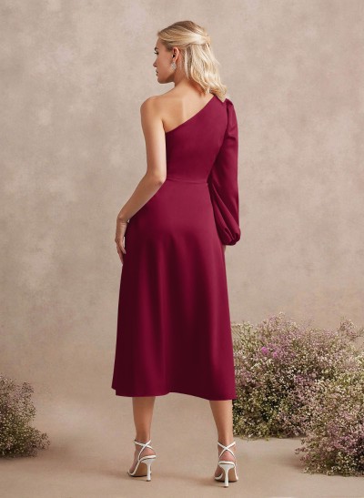 Unique One-Shoulder Long Sleeves A-Line Tea-Length Acetate Satin