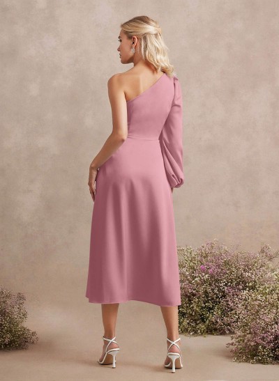 Unique One-Shoulder Long Sleeves A-Line Tea-Length Acetate Satin
