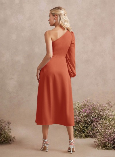 Unique One-Shoulder Long Sleeves A-Line Tea-Length Acetate Satin