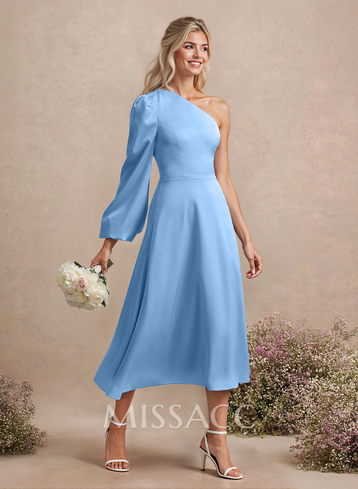Unique One-Shoulder Long Sleeves A-Line Tea-Length Acetate Satin