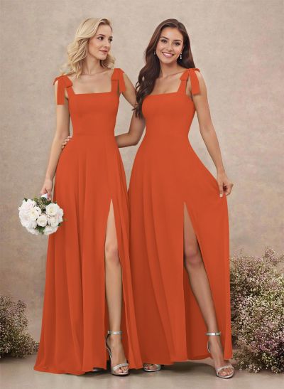 Sweet & Flow Square Neckline Floor-Length Chiffon Bridemsaid With Split Front