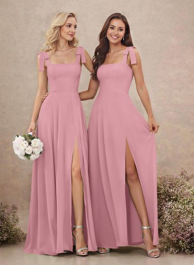 Sweet & Flow Square Neckline Floor-Length Chiffon Bridemsaid With Split Front