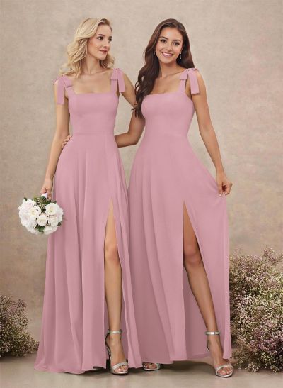 Sweet & Flow Square Neckline Floor-Length Chiffon Bridemsaid With Split Front