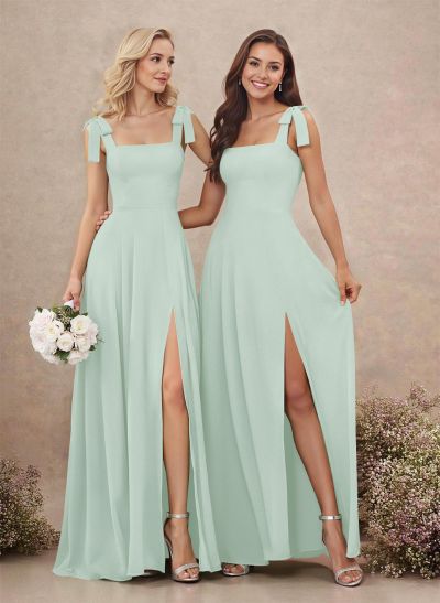 Sweet & Flow Square Neckline Floor-Length Chiffon Bridemsaid With Split Front