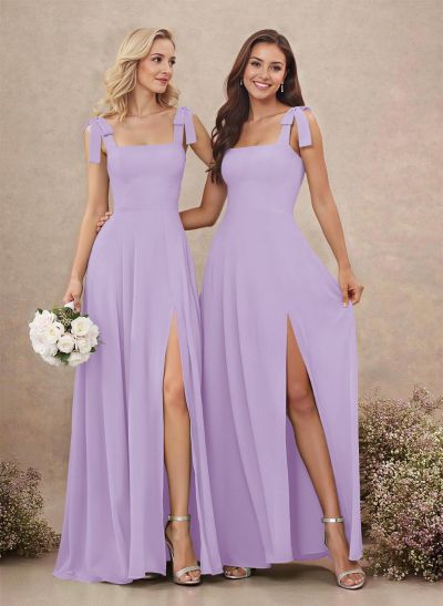 Sweet & Flow Square Neckline Floor-Length Chiffon Bridemsaid With Split Front