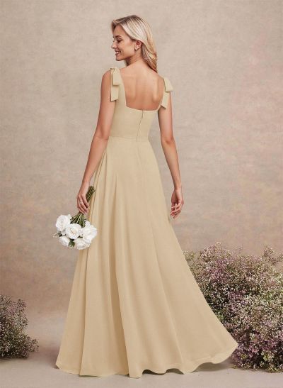 Sweet & Flow Square Neckline Floor-Length Chiffon Bridemsaid With Split Front