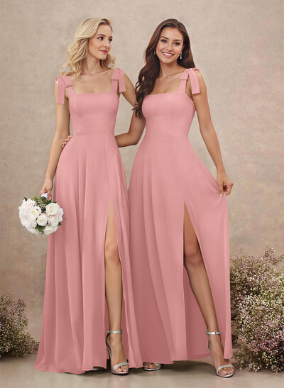 Sweet & Flow Square Neckline Floor-Length Chiffon Bridemsaid With Split Front