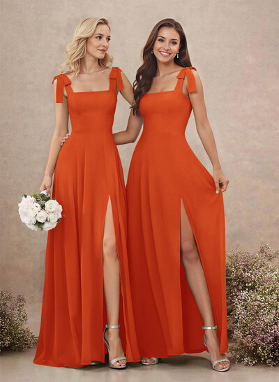 Sweet & Flow Square Neckline Floor-Length Chiffon Bridemsaid With Split Front
