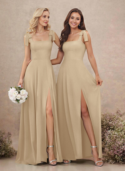 Sweet & Flow Square Neckline Floor-Length Chiffon Bridemsaid With Split Front