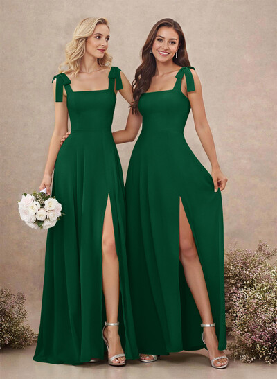 Sweet & Flow Square Neckline Floor-Length Chiffon Bridemsaid With Split Front
