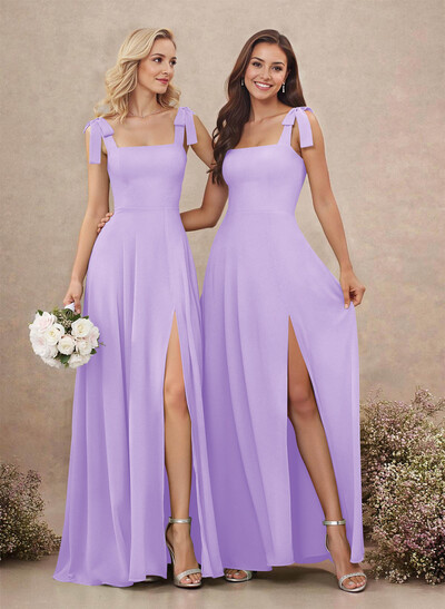 Sweet & Flow Square Neckline Floor-Length Chiffon Bridemsaid With Split Front