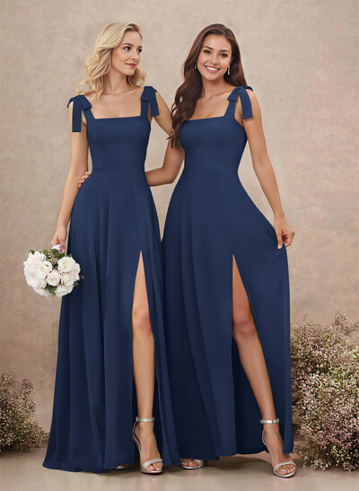 Sweet & Flow Square Neckline Floor-Length Chiffon Bridemsaid With Split Front