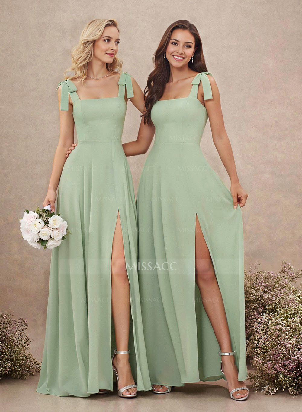 Sweet & Flow Square Neckline Floor-Length Chiffon Bridemsaid With Split Front