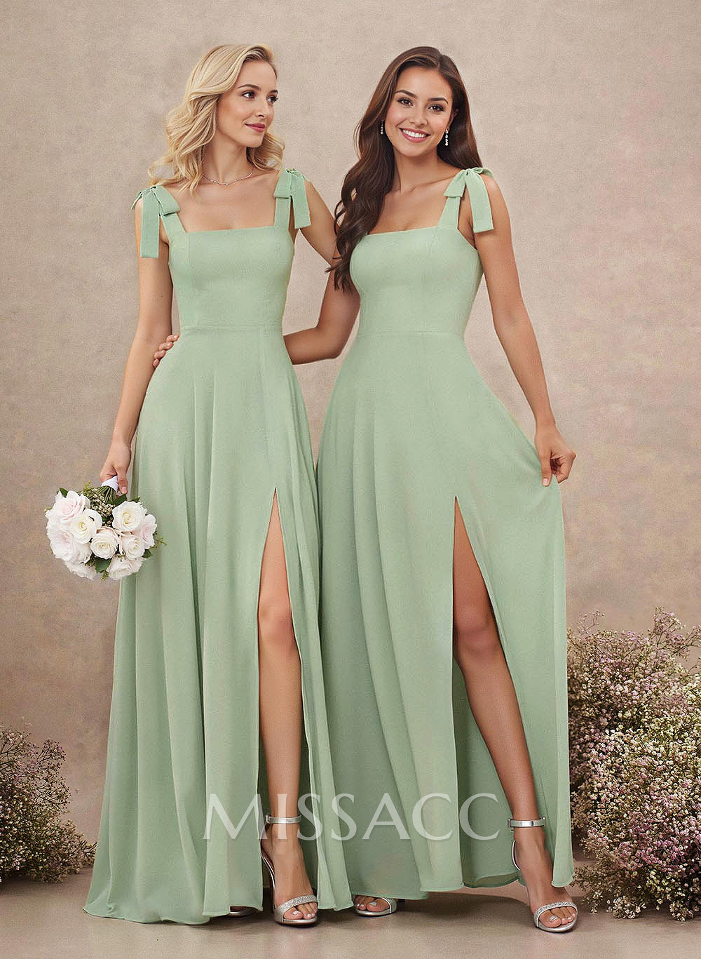 Sweet & Flow Square Neckline Floor-Length Chiffon Bridemsaid With Split Front Sweet & Flow Square Neckline Floor-Length Chiffon Bridemsaid With Split Front