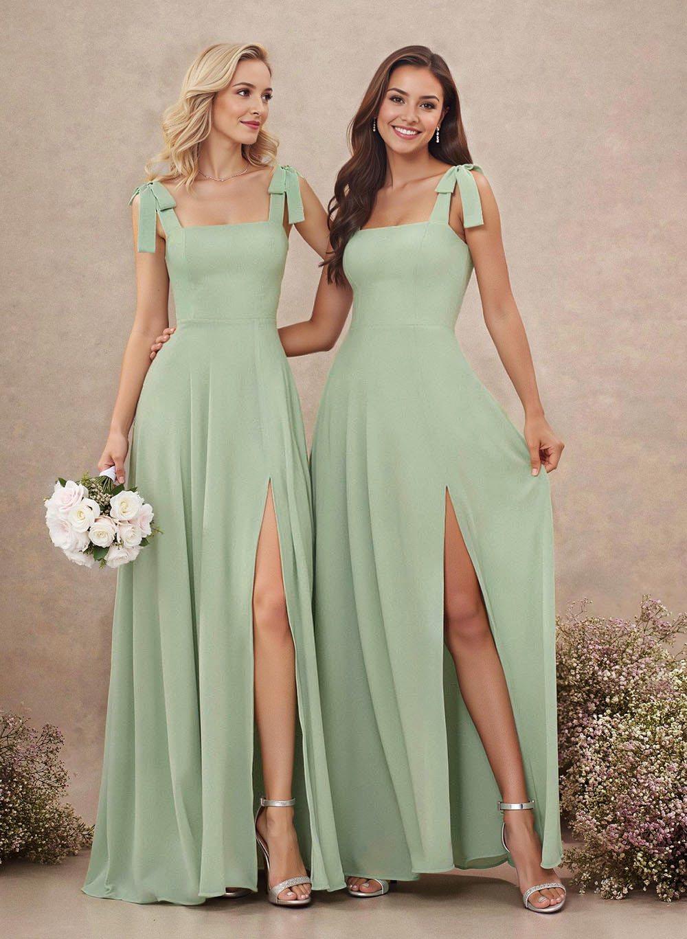 Sweet & Flow Square Neckline Floor-Length Chiffon Bridemsaid With Split Front