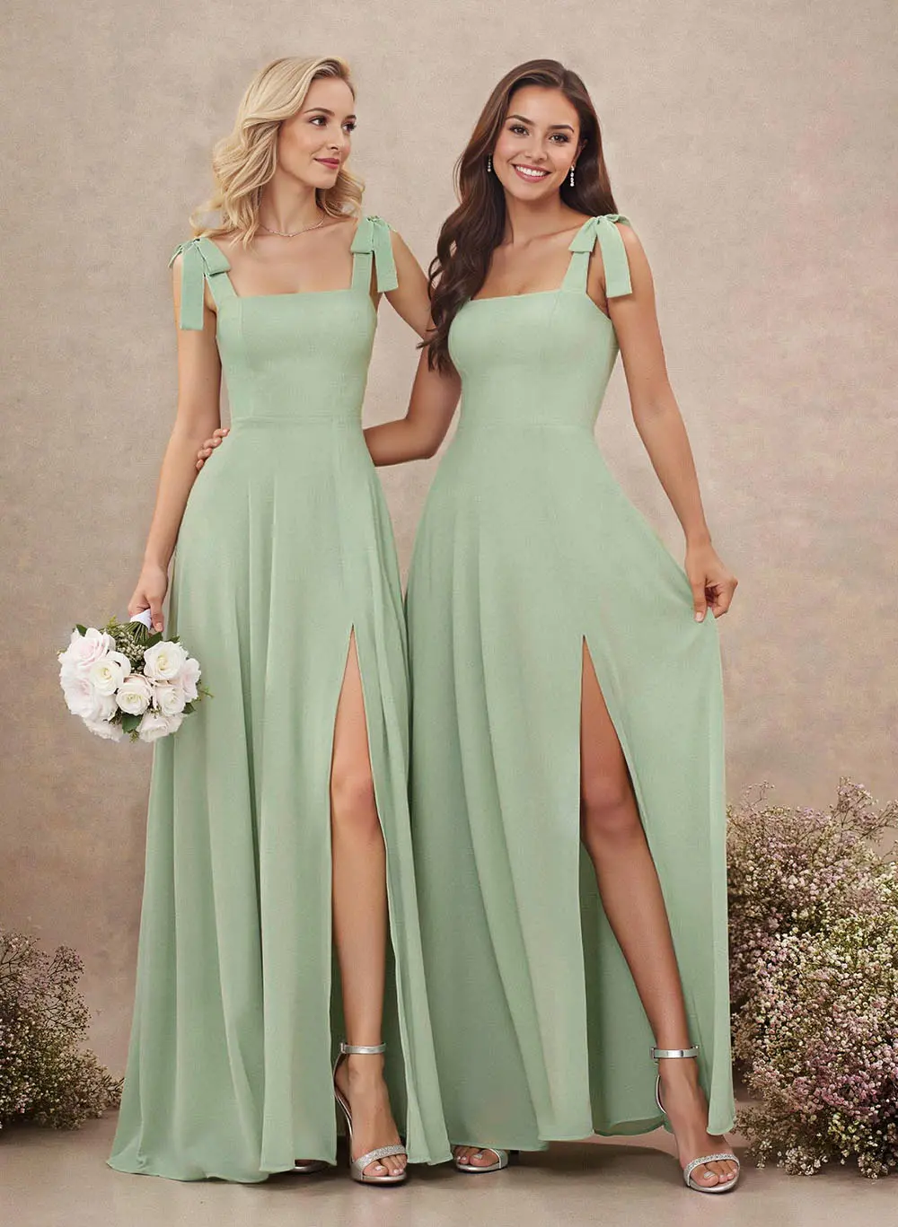 Sweet & Flow Square Neckline Floor-Length Chiffon Bridemsaid With Split Front Sweet & Flow Square Neckline Floor-Length Chiffon Bridemsaid With Split Front