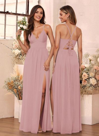 Simple A-Line Plunge Neck Floor-Length Chiffon Bridesmaid With Split Front