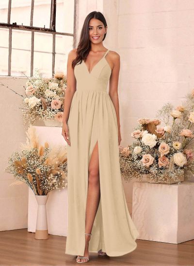 Simple A-Line Plunge Neck Floor-Length Chiffon Bridesmaid With Split Front