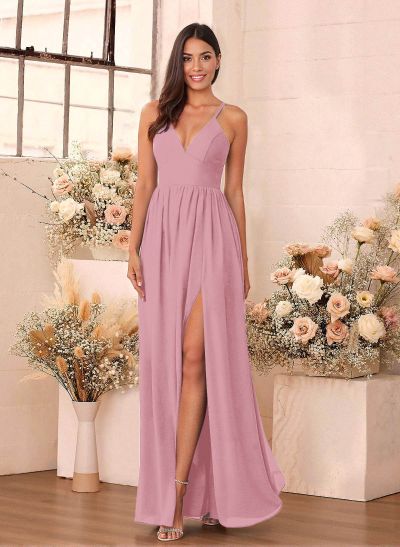 Simple A-Line Plunge Neck Floor-Length Chiffon Bridesmaid With Split Front