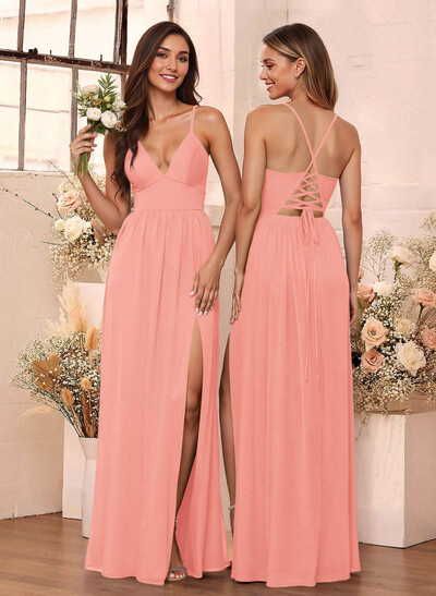 Simple A-Line Plunge Neck Floor-Length Chiffon Bridesmaid With Split Front