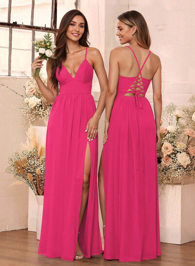 Simple A-Line Plunge Neck Floor-Length Chiffon Bridesmaid With Split Front