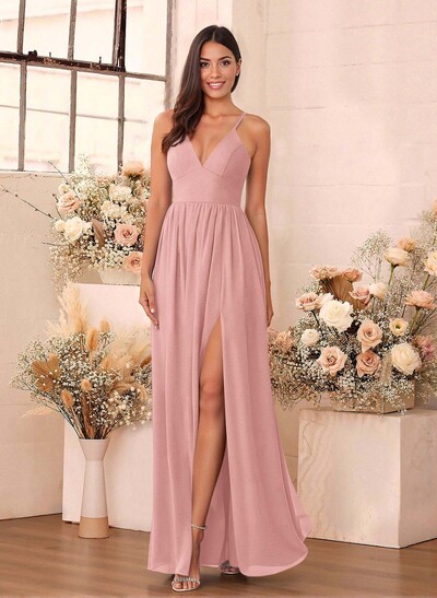 Simple A-Line Plunge Neck Floor-Length Chiffon Bridesmaid With Split Front