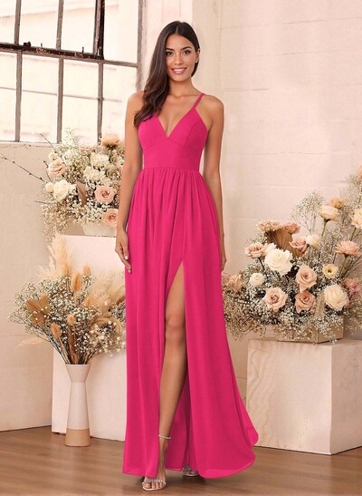 Simple A-Line Plunge Neck Floor-Length Chiffon Bridesmaid With Split Front