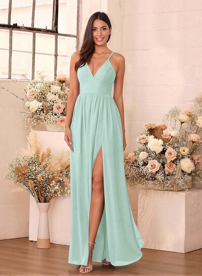 Simple A-Line Plunge Neck Floor-Length Chiffon Bridesmaid With Split Front