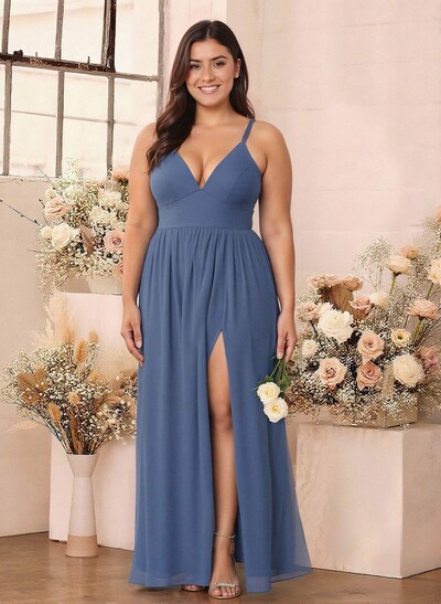 Simple A-Line Plunge Neck Floor-Length Chiffon Bridesmaid With Split Front