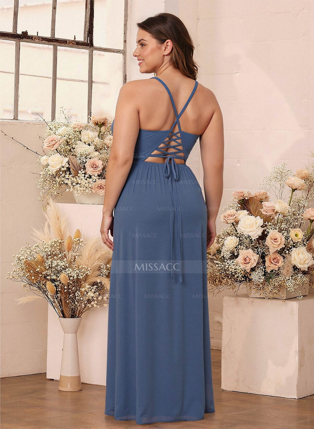 Simple A-Line Plunge Neck Floor-Length Chiffon Bridesmaid With Split Front